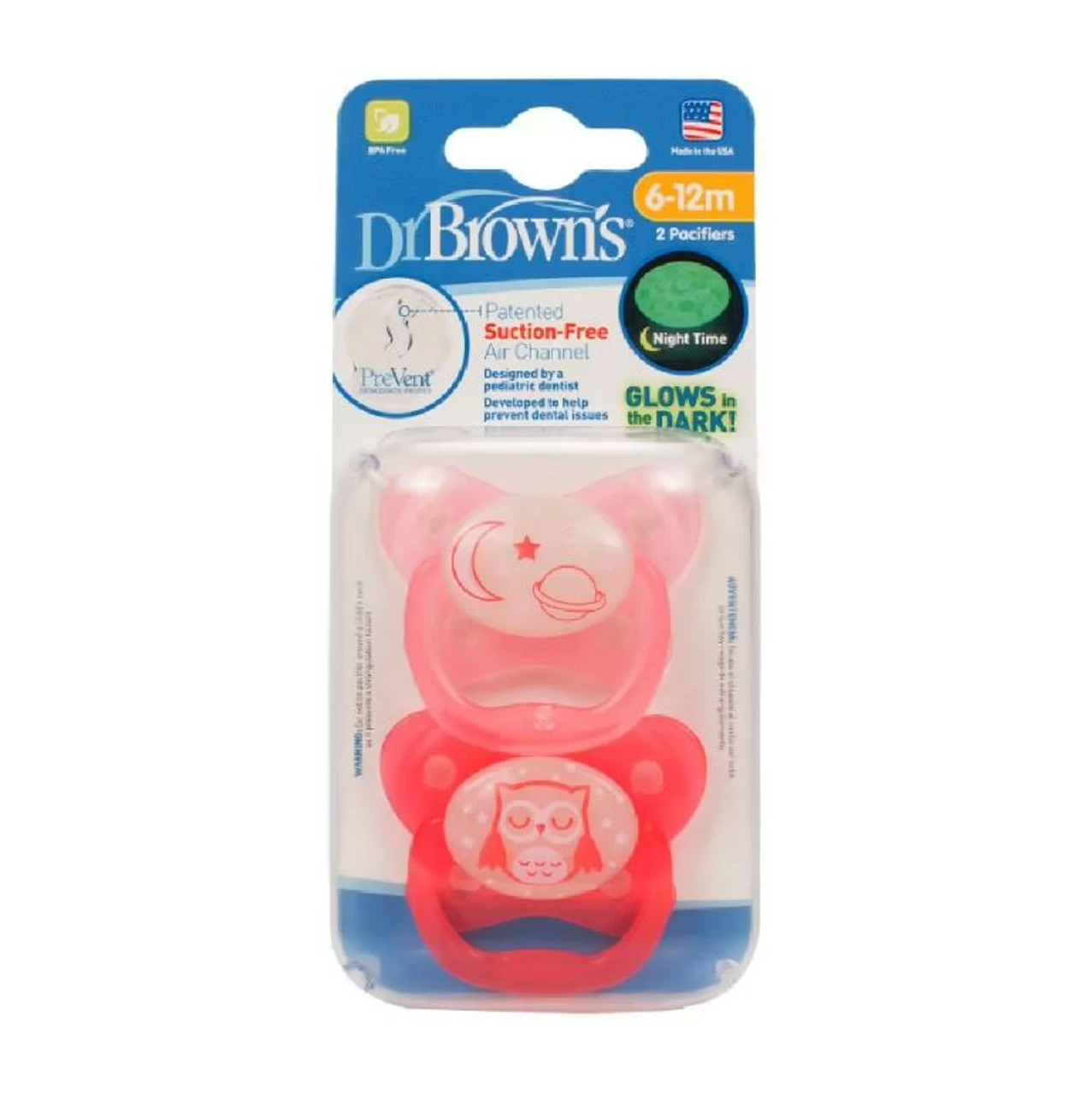 Dr Browns Glow In The Dark Pacifier Stage 2 Pink 2 Pack
